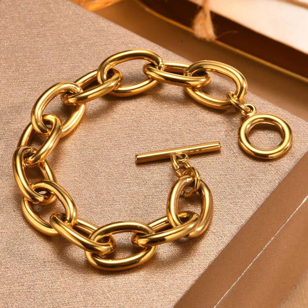 Chunky Bold Toggle Bracelets for Women, Stainless Steel OT Buckle Link Chain Bracelet Gold Plated Tarnish Free