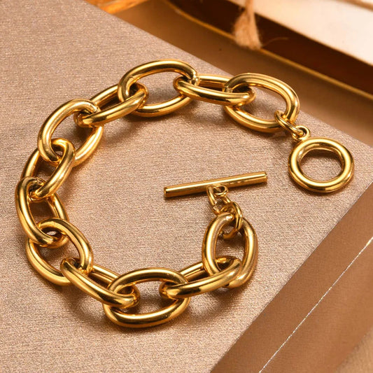 Chunky Bold Toggle Bracelets for Women, Stainless Steel OT Buckle Link Chain Bracelet Gold Plated Tarnish Free