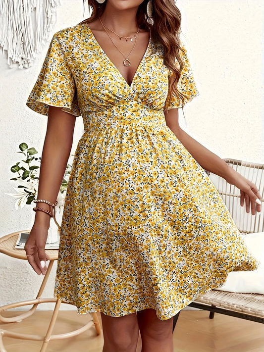 2024 AliExpress Europe and America New Plus Size Women's V-neck Printed Fragmented Flower Casual Dress