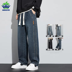 Cotton Jeans Men Baggy Elastic Waist Cargo Denim Pants Work Wide Leg