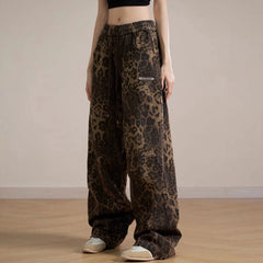 Women Leopard Print Jeans Straight Leg Dance Cargo Pants Hiphop Streetwear