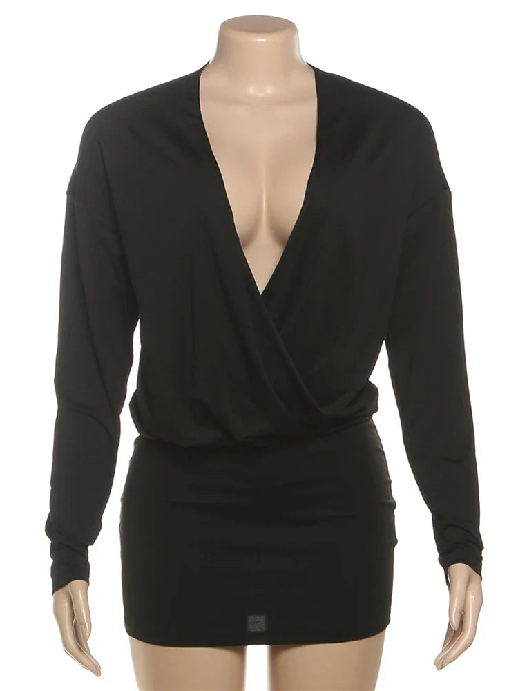 Nibber Cross Deep V-Neck Dress Women Full Sleeve Stretch Solid Midnight Street Clubwear Party Autumn Trend Elegant Mini Bodycon