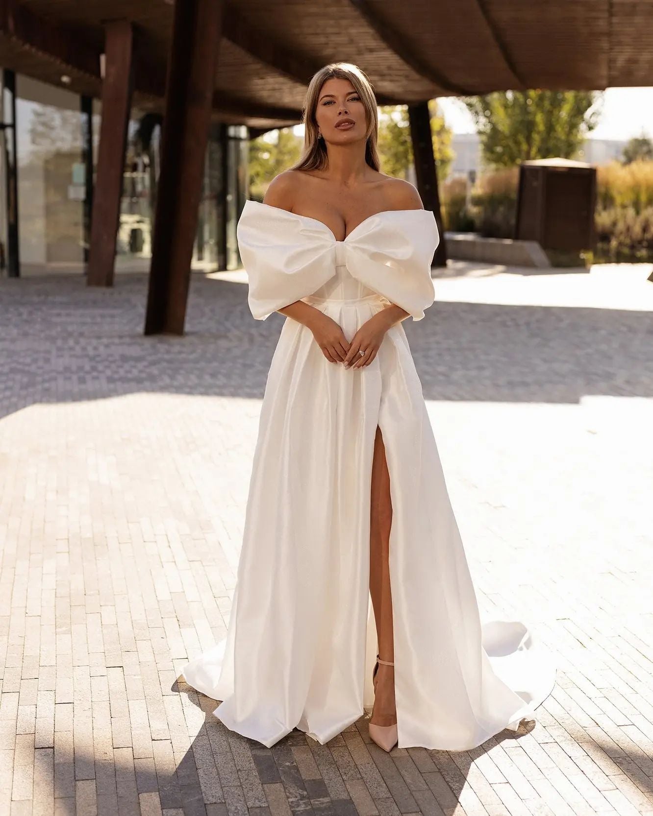 White Bridesmaid Dresses: Off the Shoulder Side Slit Satin Bridal Dress Bow Sweetheart