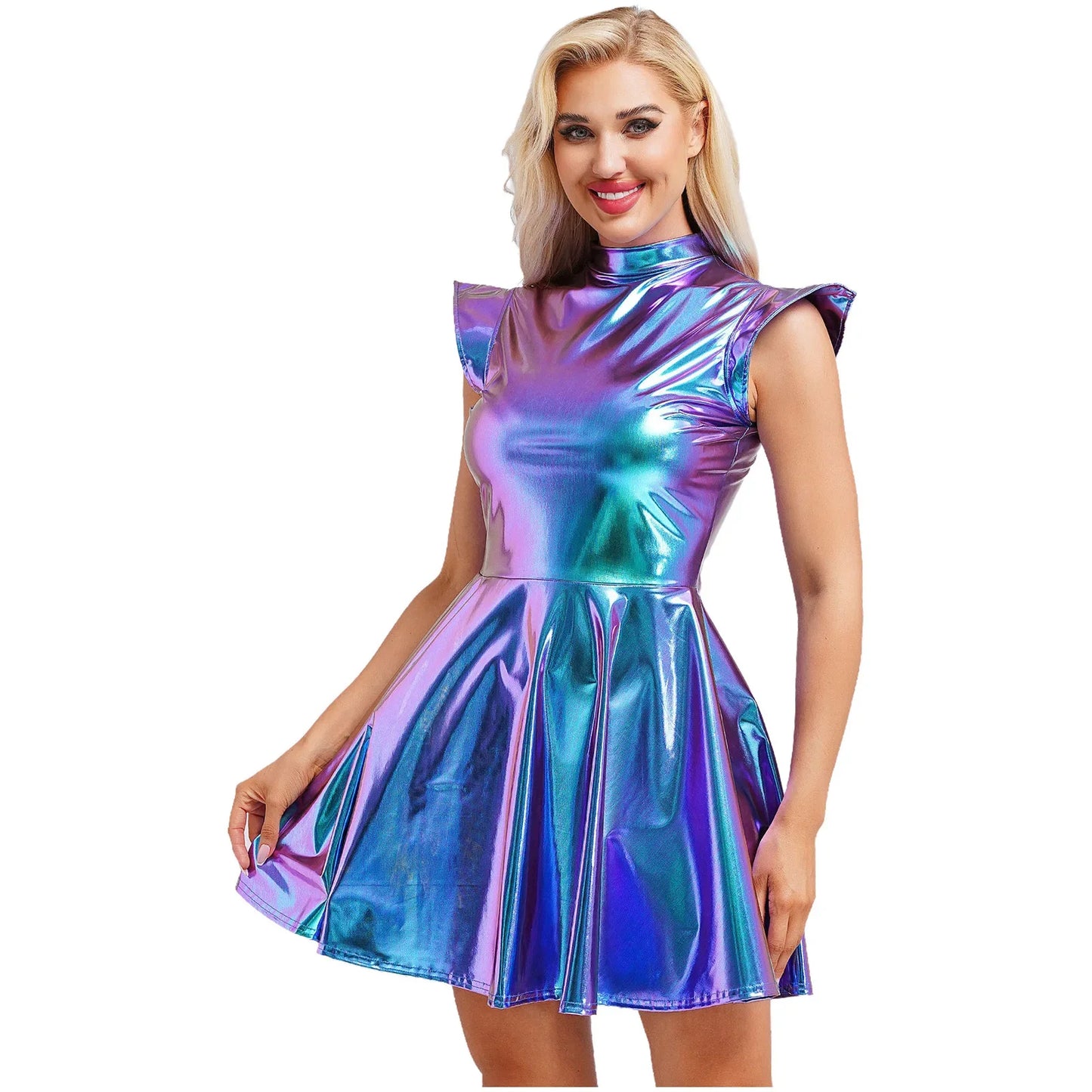 Womens Cocktail Dress Shiny Metallic Dress Alien Space Cap Sleeve High Waist A-line Dress for Halloween Party High Street Dress