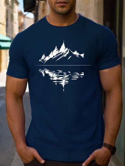 Men's summer 100 pure cotton fashionable casual loose fit plus mountain reflection printed round neck short sleeved T-shirt top