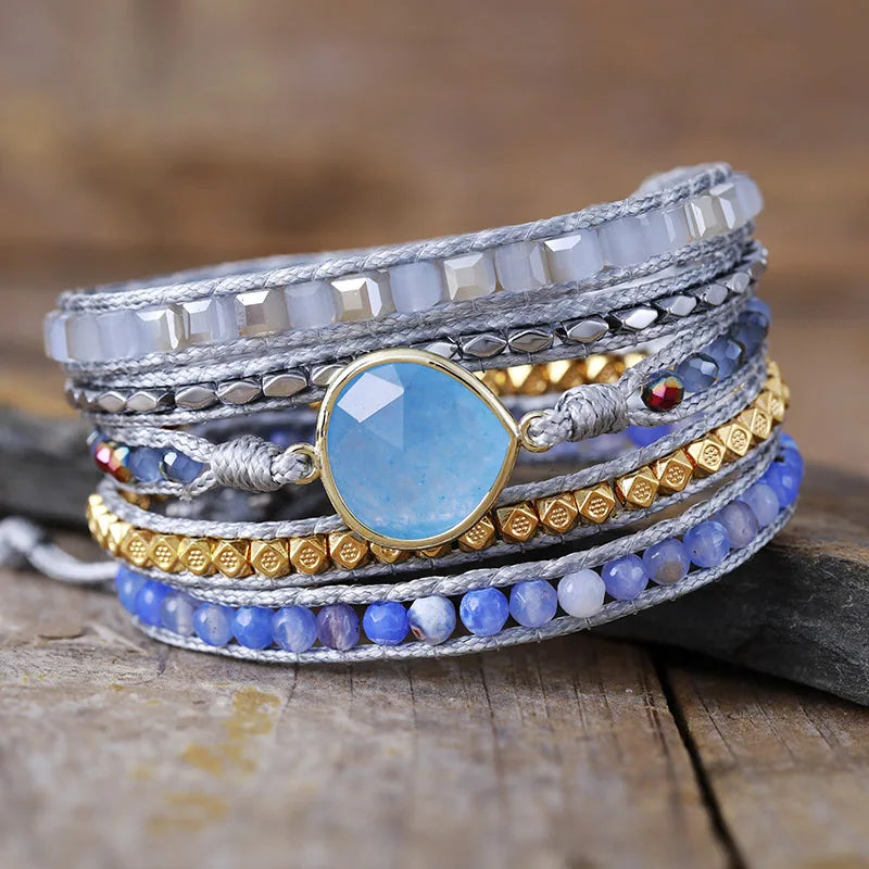 Boho Multistrand Stone Leather Wrap Bracelet Five Wrap Stackable Handmade Bracelets Vintage Statement Jewelry Bijoux