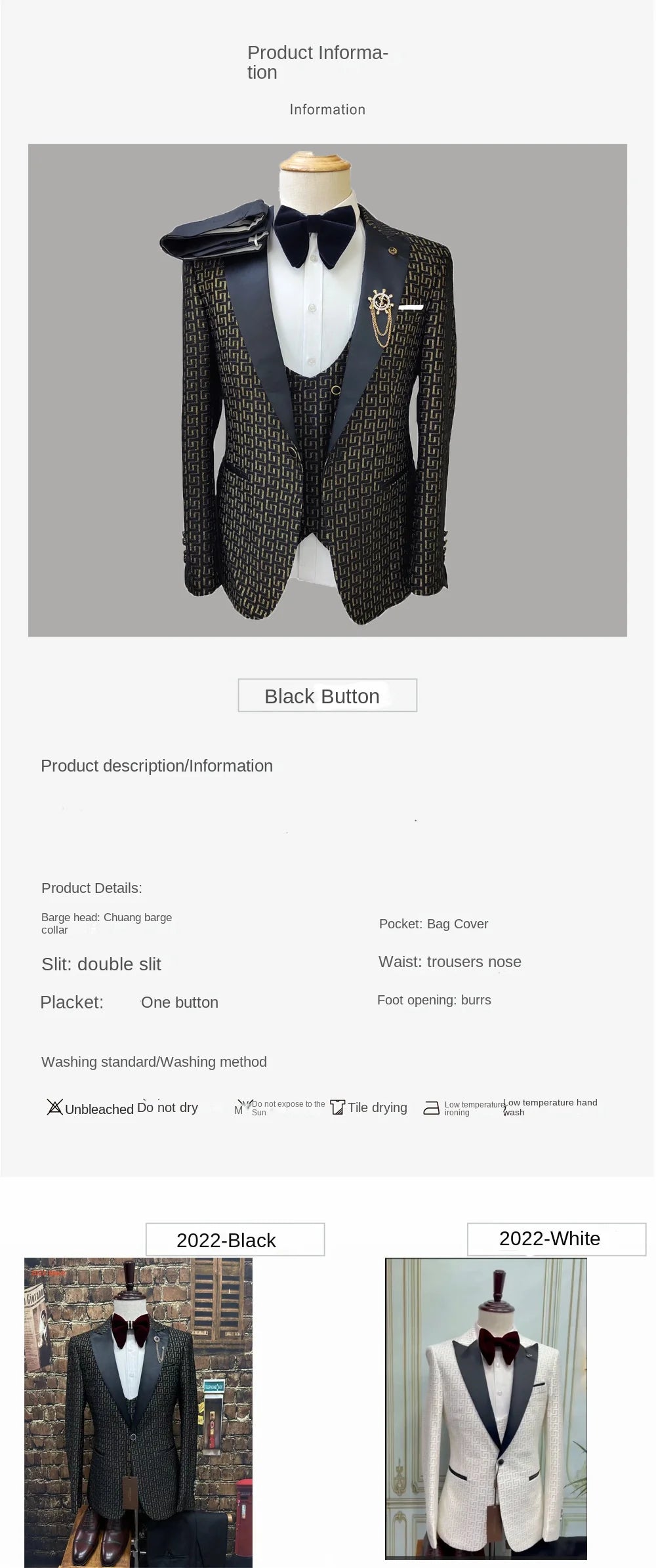 Black and White Men's Suit 3-piece Gold Palace Print Road Wedding Costume Men