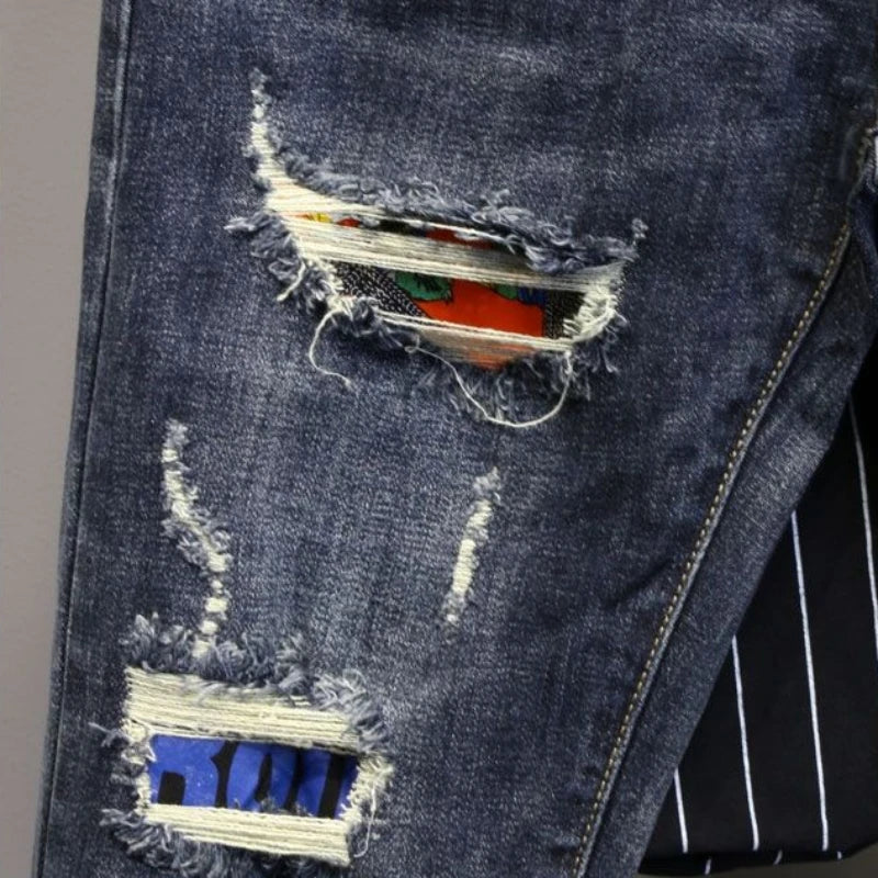 Trousers Tapered Broken Jeans for Men with Holes Male Cowboy Pants Ripped Torn
