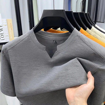 Korean Men's Casual and Fashionable Small V-neck Solid Color Short Sleeved T-shirt Comfortable Summer Versatile Top