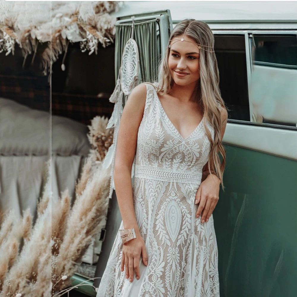 White Bridesmaid Dresses: Boho A Line Wedding Dress Hippie Lace Custom Made V Neck