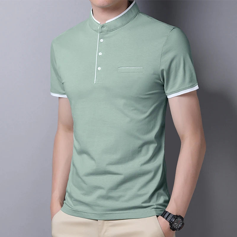 2025 New Men's Casual and Fashionable Solid Color Short Sleeved Stand Up Collar T-shirt Summer Versatile and Comfortable Top