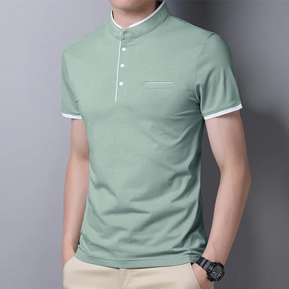 2025 New Men's Casual and Fashionable Solid Color Short Sleeved Stand Up Collar T-shirt Summer Versatile and Comfortable Top