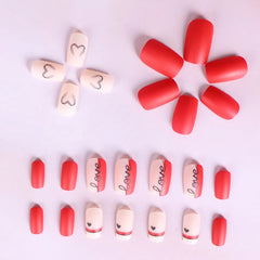 24pcs Short Square Red Heart Fake Nail - Short Coffin France Press On Nails Love