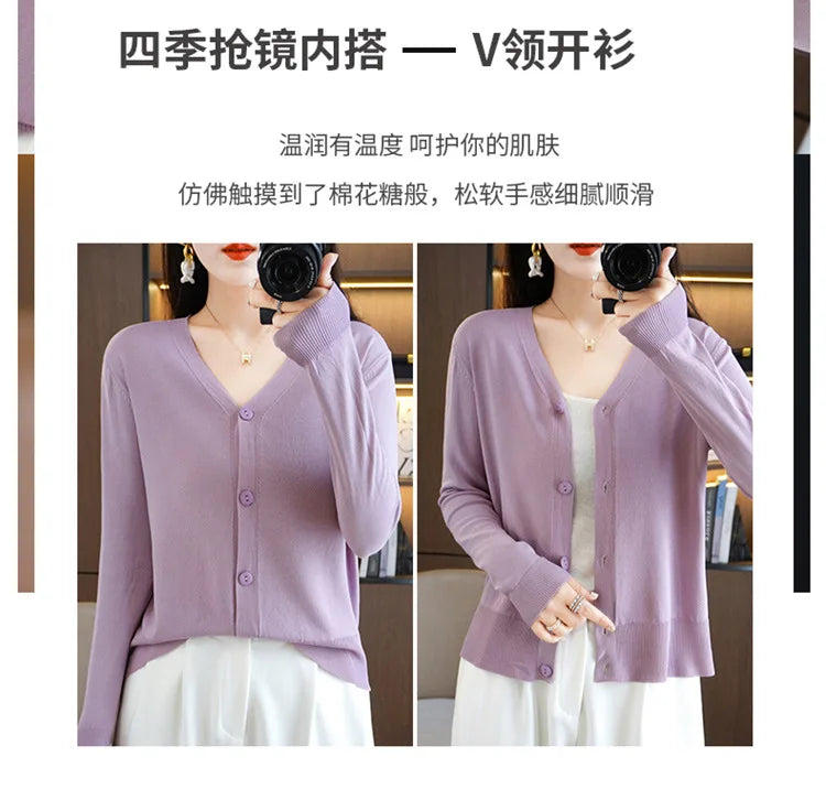 Summer Korean Version Thin Solid V-Neck Ice Silk Knitted Long Sleeve