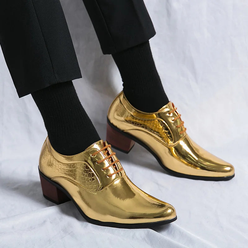 New 2023 Luxury Gold Men High Heel Leather Shoes Moccasins Designer Pointed Dress Shoes Men Wedding Formal Shoes Big Size 46