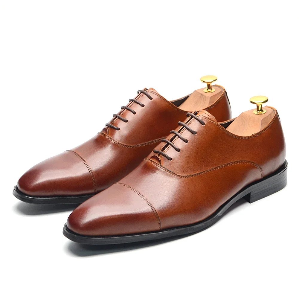 Luxury Handmade Men Dress Shoes Genuine Leather Whole Brown Cap Toe Oxford Shoes Lace Up Business Office Wedding Formal Shoes