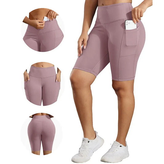 Solid Color Women Shorts with 3 Pockets Butt Lifting Workout Tights Stretch Athletic Five-pointed Pants Outdoor Fitness Shorts