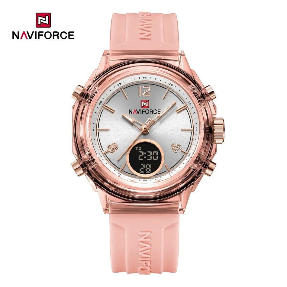 NAVIFORCE Luxury Women's Watch Gold Outdoor Sports Waterproof Watches Dual Time Display Quartz Wristwatches Rubber Digital Clock
