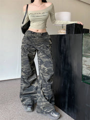 Low Rise Jeans Y2k Ladies American High Street Baggy Pants Woman Camouflage