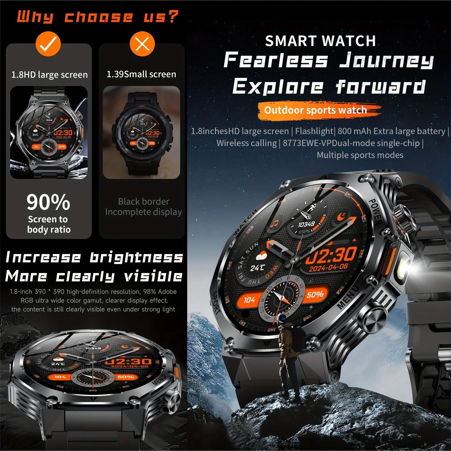Rugged Outdoor Sports AK82 Smartwatch 1.85" HD Touchscreen 800mAh Long Battery Life Fitness Tracker Calorie Distance Smart Watch