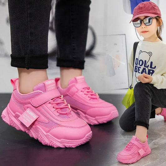 Kids Sneakers PU Girls Casual Mesh Solid Pink Light Boys White Hook & Loop