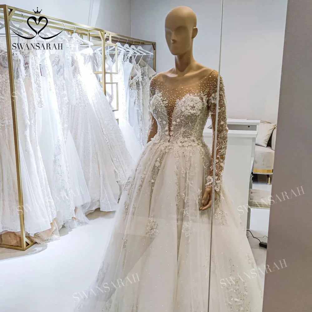 White Bridesmaid Dresses: Wedding Dress Long Sleeve Lace Appliques Princess Bride