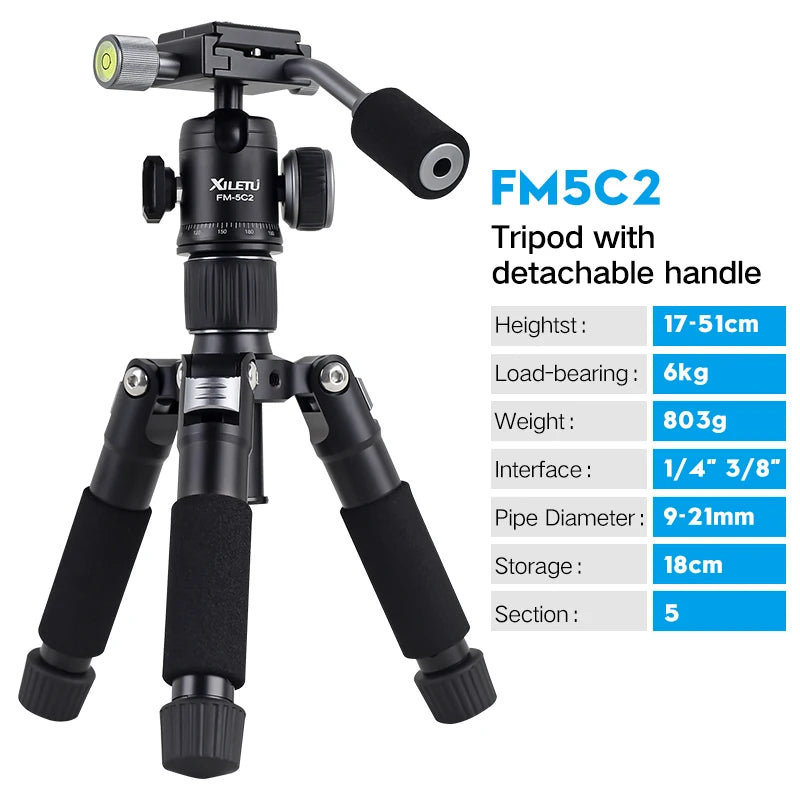 FM5C2 Portable Metal Mini Tripod Lightweight Travel Stand with 360 Degree