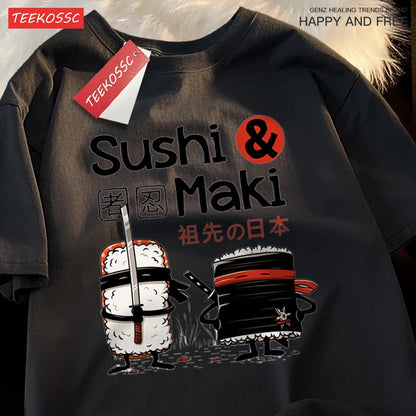 Theduc Sushi And Sushi Printing Men Women Tshirt Cotton T-Shirts Loose T Shirt Crewneck Loose Tops Fashion Clothes Unisex