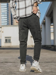 Spring Autumn Multi-Pockets Cargo Jeans Men Black Blue Denim Jogger Pants