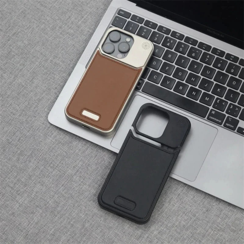 Aluminum Alloy Leather Magnetic Phone Case For iPhone 17 16pro 15 14 Pro Max Wireless Charging Metal Frameless Shockproof Cover