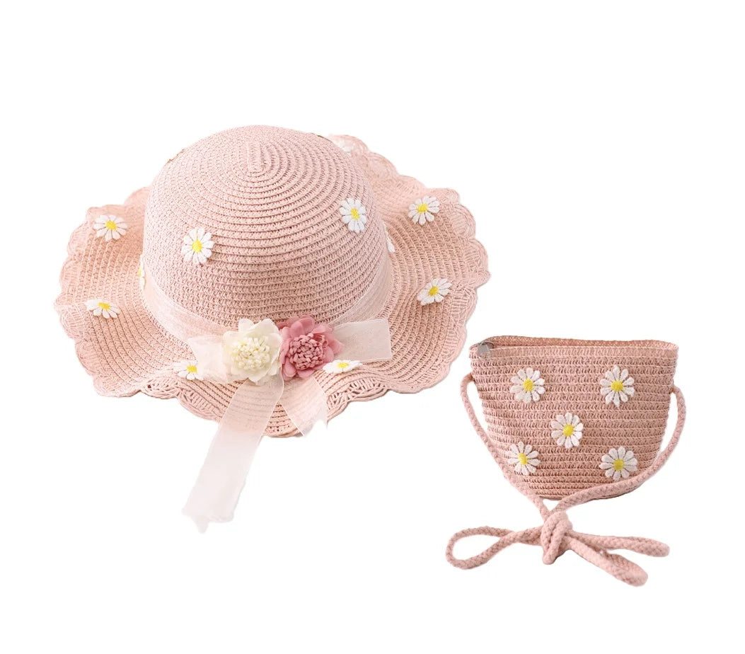 little girls summer straw sun hats and straw shoulder bags