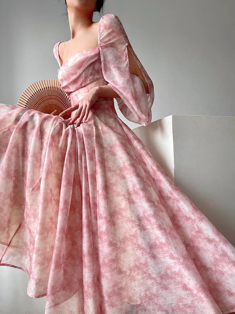 Evening Dresses: Pink Floral Dress Woman Long Sleeve Chiffon Casual Midi Dress