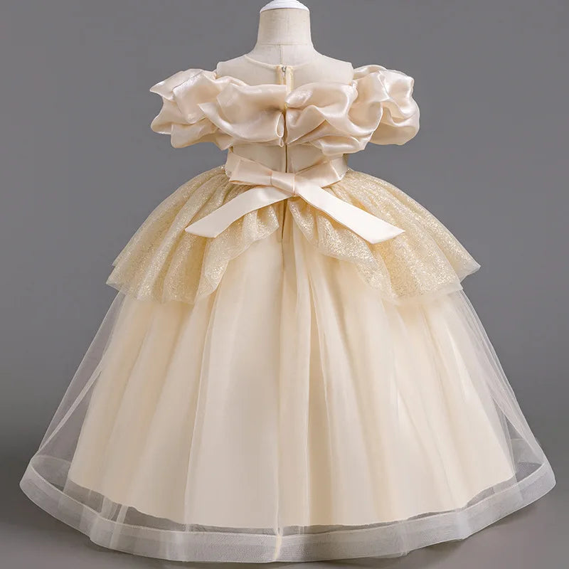 Girl's pearl sequin princess dress 4-10 years old fashionable one shoulder fluffy skirt Birthday wedding flower girl performance
