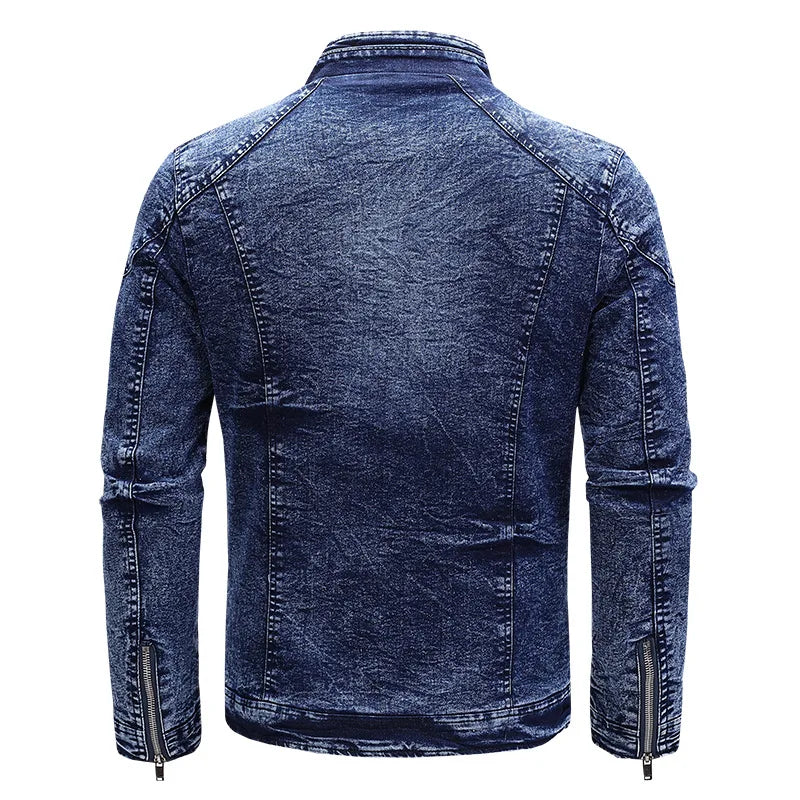 Motorcycle Denim Jacket Men Retro Zippers Stand Collar Denim Coats