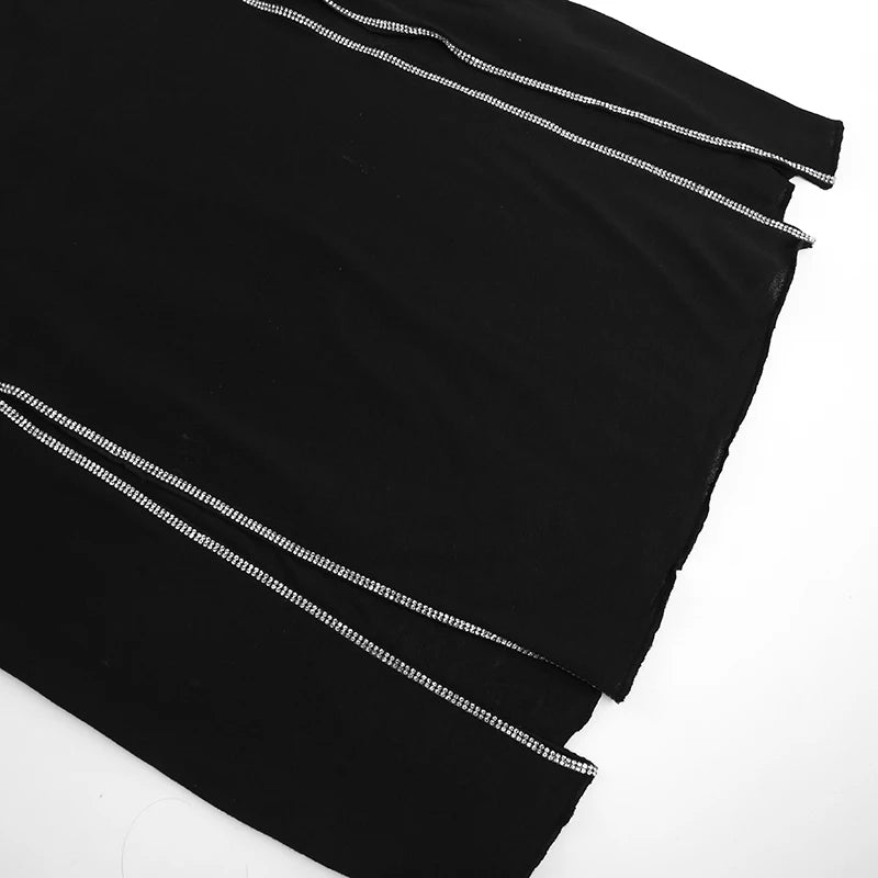 Sexy Rhinestone Black Dress Women Hipster Square Collar Full Sleeve Split Bodycon Midi Dresses Autumn 2023 Party Clubwear YY2344