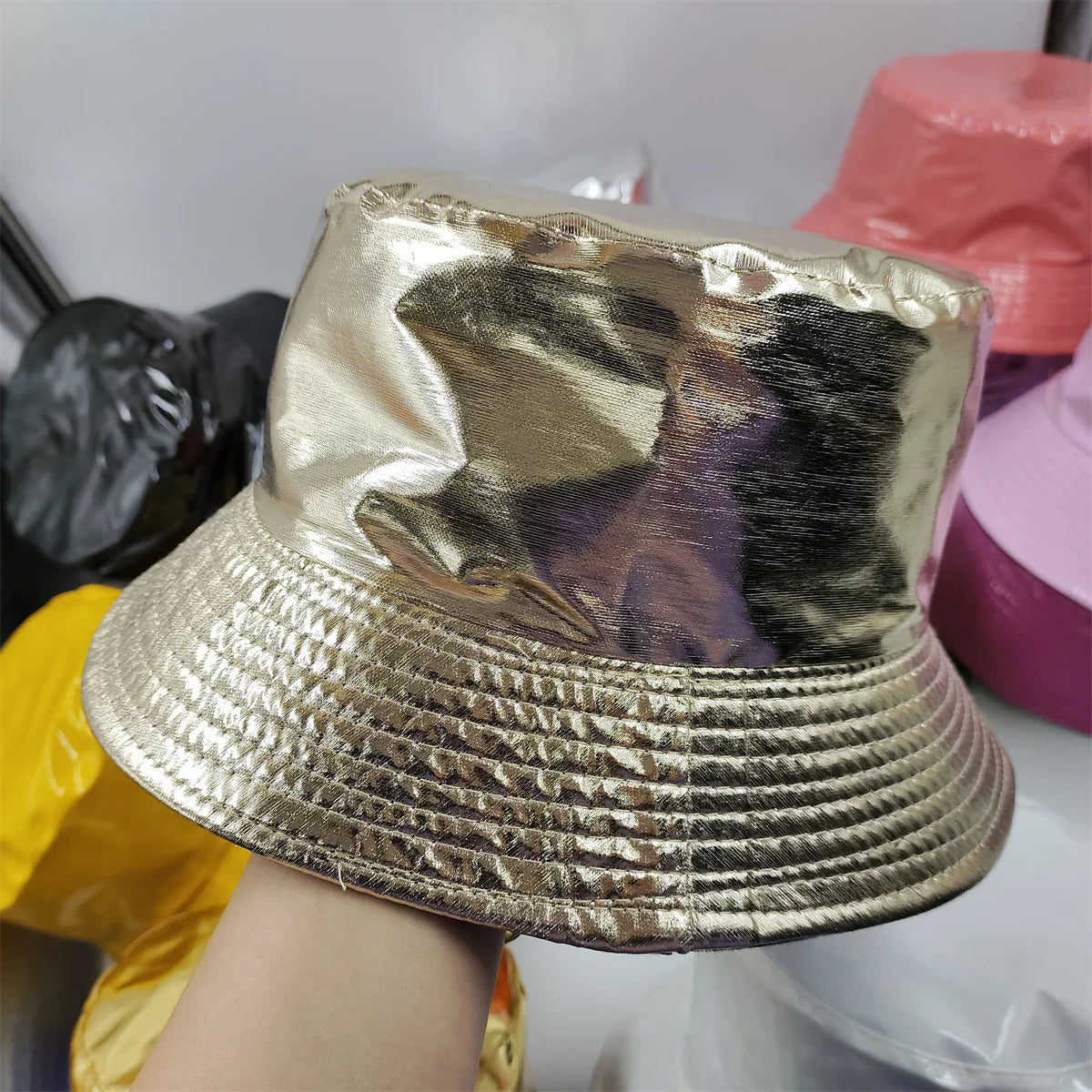 Colorful Shiny Leather Two Sided Fisherman Hat Women's and Men's Hip Hop Summer Sunshade Hat Foldable Bucket Hat