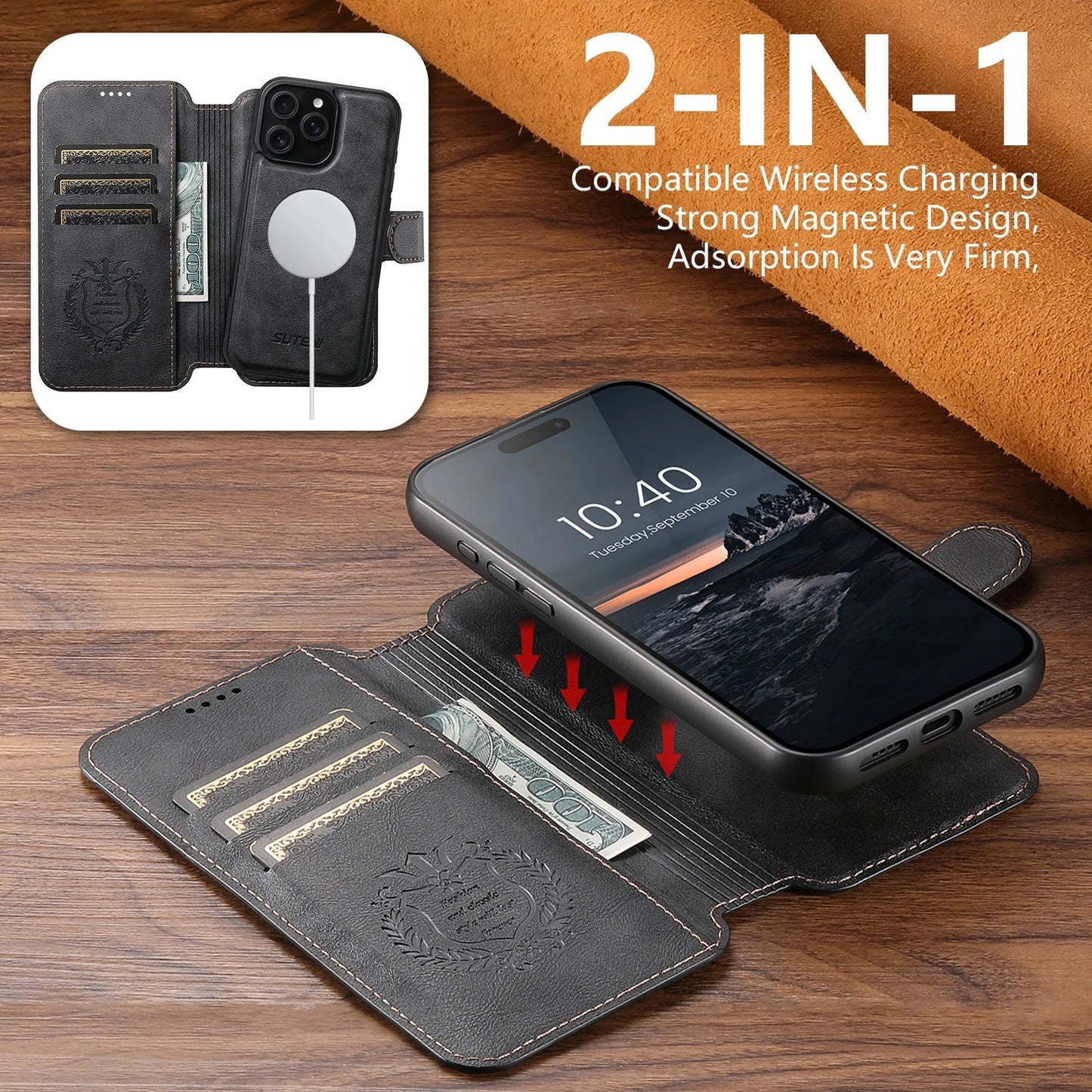 PU Leather Wireless Charging Card Holder Stand Wallet Magnetic Flip Cover Phone Case For iPhone 17 Pro Max 16 Plus 15 14 13 12
