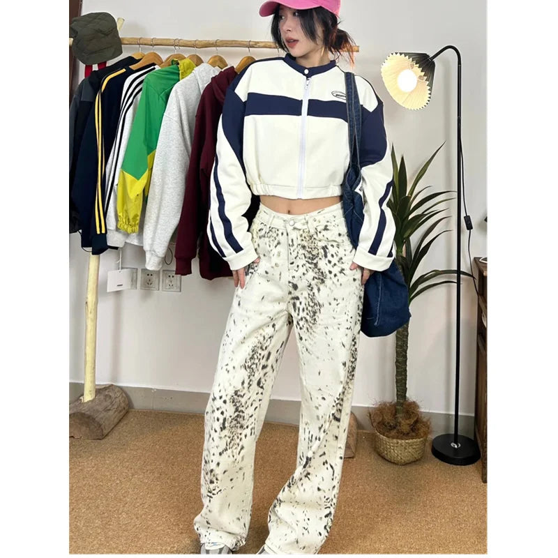 American Retro High Street Casual Leopard Print Loose Wide Leg Pants