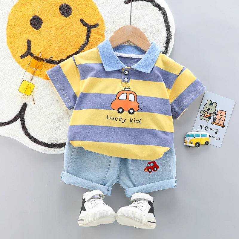 Baby boys Polo Shirt + Handsome Denim Shorts 2-Piece Set kids girls clothes suits summer