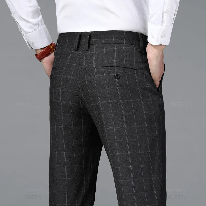 Plaid Stretch Pants Men Business Fashion Grey Black Casual Pants Male