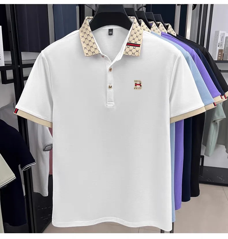 Luxury brand B letter embossed short sleeve polo shirt men summer lightweight breathable new fashion color blocked lapel T-shirt