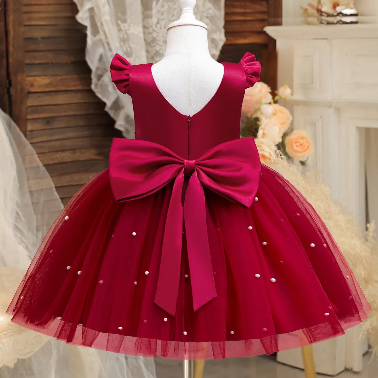 Elegant Pink Fluffy Girl Dresses Birthday Tulle Sleeveless Bow Pearls Princess Wedding Party Gown Kids Piano Performance Costume