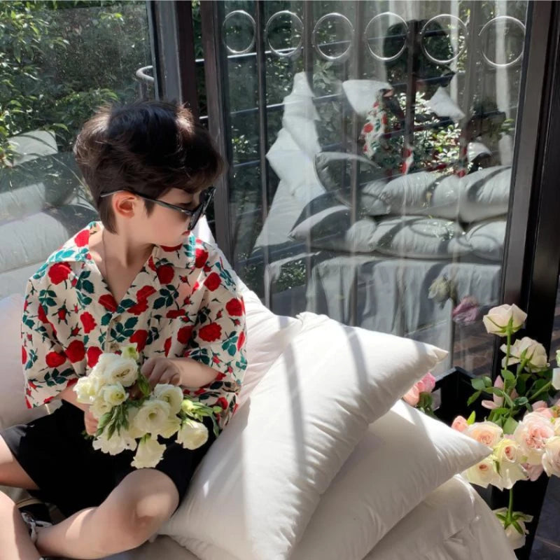 2-11T Kids Boys Clothes Floral Pattern Boy Cotton Blouse Shirt + Short 2pcs Outfits Boy Summer Party Birthday Handsome Clothing