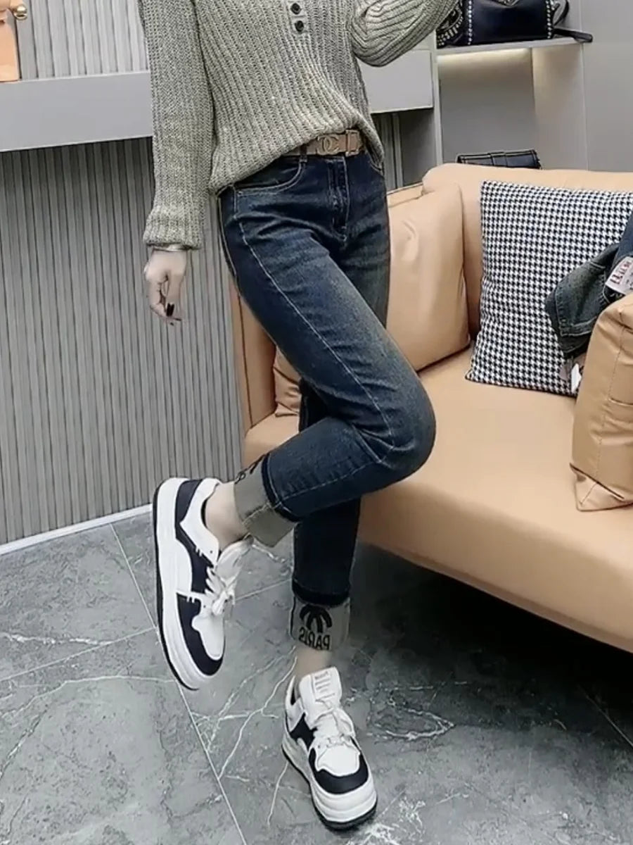 Y2k Jeans With Fleece Thickened Stretch Smoke Pipe Women Jeans