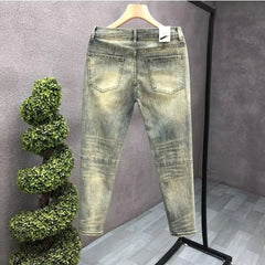 Men's Jeans Slim Fit Vintage Cropped Pants Light Tone Holes Small Footwear