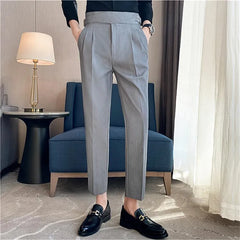 British Style Men High Waist Casual Dress Pant Men Belt Design Slim Trousers Formal