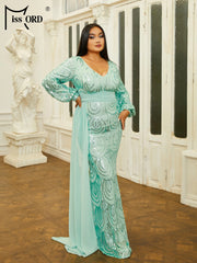 Missord Green Sequin Plus Size Wedding Party Dress Women Elegant V Neck