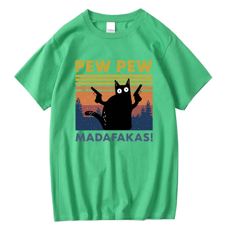 Pew Pew Madafakas Tshirt Men Short Sleeve Novelty Funny Cat T Shirt Cotton Loose Tops Shirts Tee T-Shirt Crew Neck Streetwear