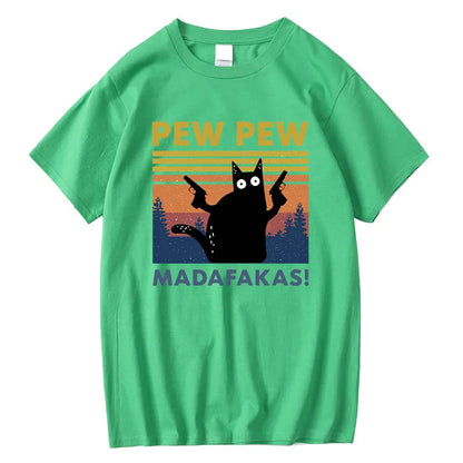 Pew Pew Madafakas Tshirt Men Short Sleeve Novelty Funny Cat T Shirt Cotton Loose Tops Shirts Tee T-Shirt Crew Neck Streetwear
