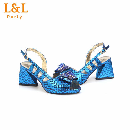 2024 Royal Blue Fish Scale Material Design Ladies Shoes Matching Bag Set For African Women Wedding Party